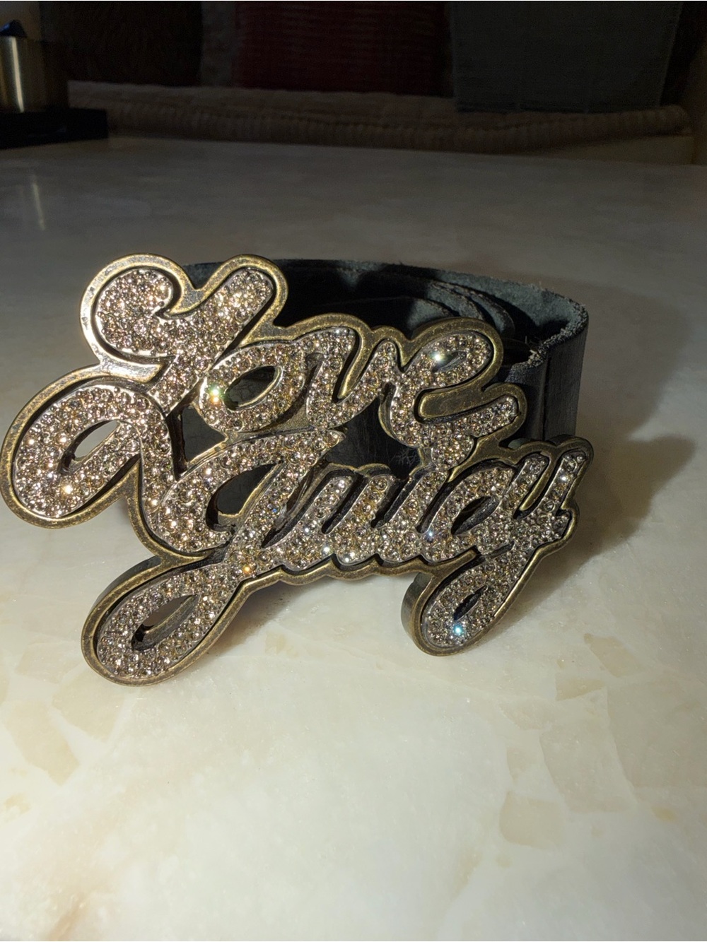 Rare Y2K Juicy Couture Love Juicy Rhinestone Leather Belt Black M